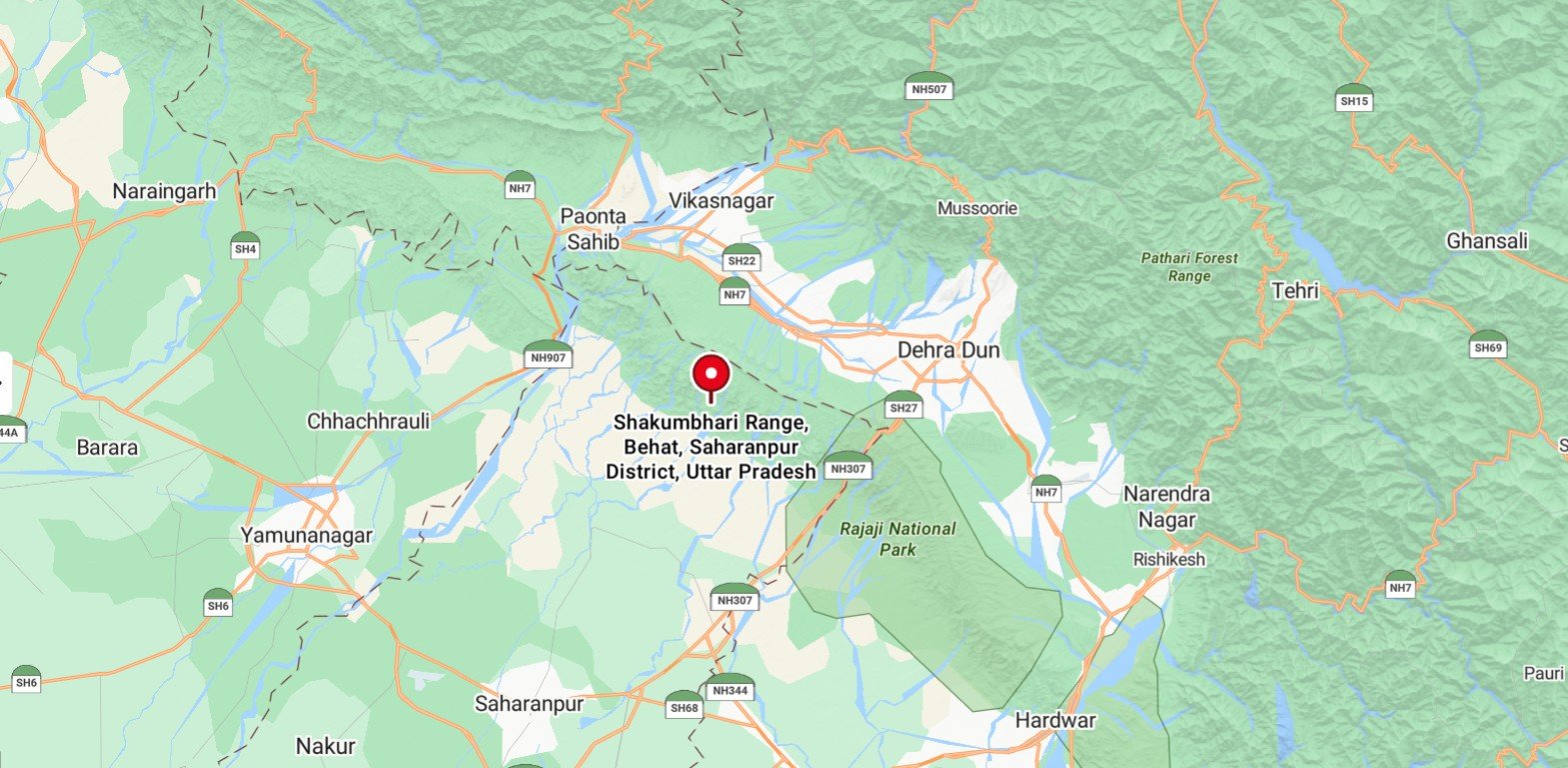 Map showing the Shakumbhari Range project location relative to Saharanpur, Dehradun, Mussoorie and Rishikesh